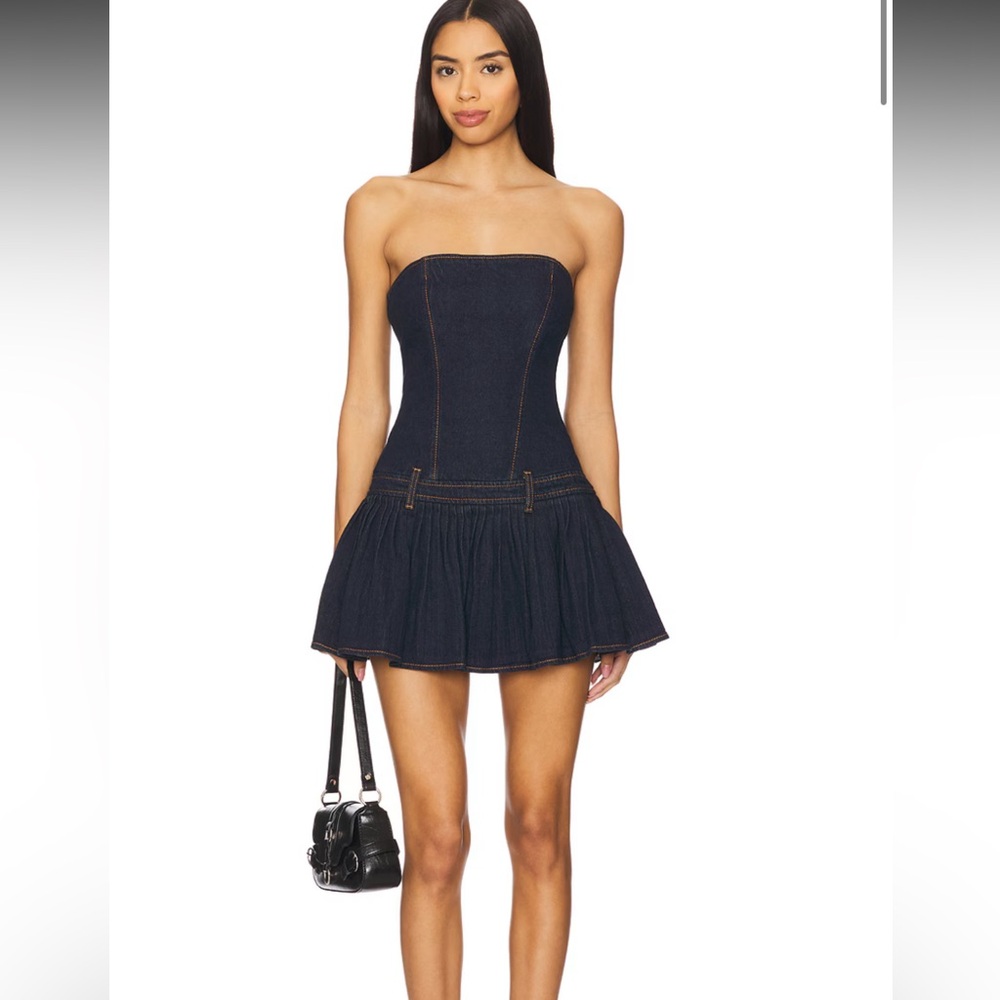 Denim Strapless Dress with Silver Bag